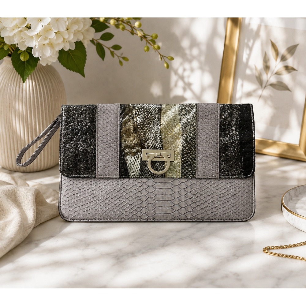 Charming Charlie Grey Faux Snakeskin Wristlet Clutch Bag Metallic Gancini Lock
